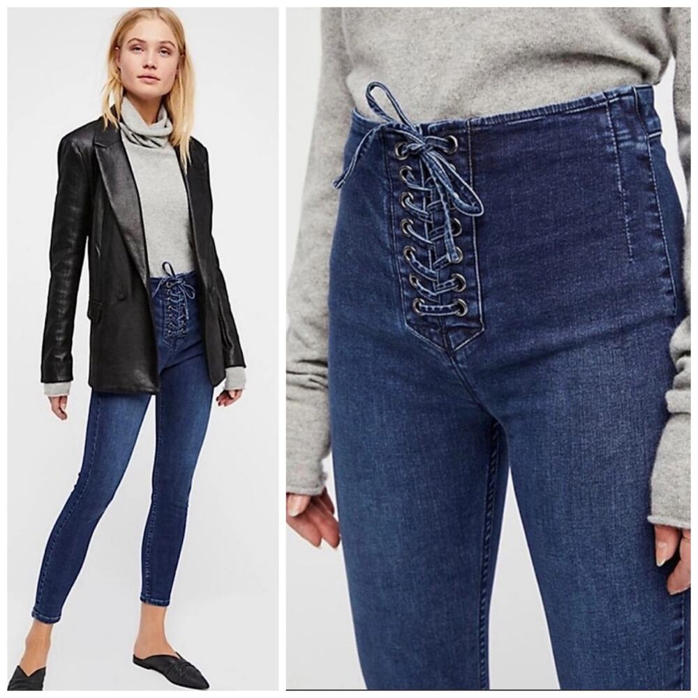 🧺 5 for $25 Sale Free People High Rise Lace Front Skinny Jeans Jeggings Size 25